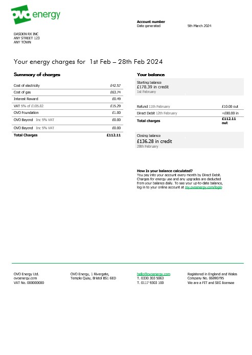 United Kingdom Ovo Energy electricity business utility bill, Word and PDF template PSD template